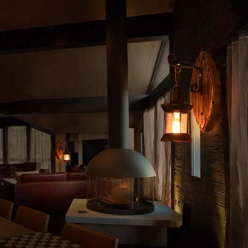 Valerio Retro Lantern LED Wandlampen Zwart Bronze Metaal Hout Slaapkamer