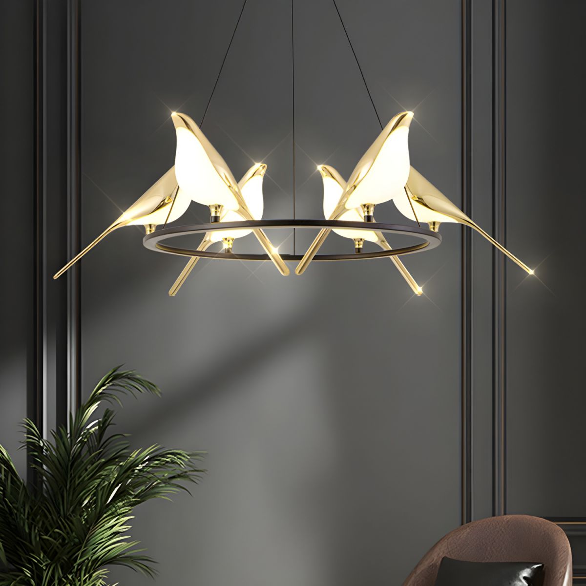 Sirena Art Deco Modern Bird Pendant Light, 3/6/9 Heads, Gold