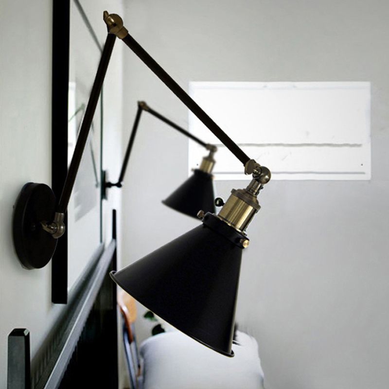 Valerio Wall Lamp Vintage Simple Conical Adjustable Black, Bedroom