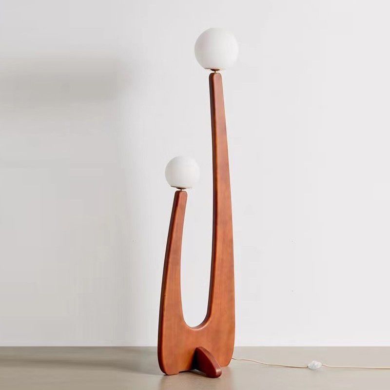 Elio Vintage Houten/Glazen Vloerlamp, 2 kops, Slaapk/Kinderk/Woonkamer