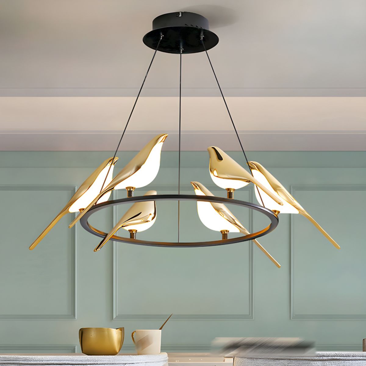 Sirena Art Deco Modern Bird Pendant Light, 3/6/9 Heads, Gold