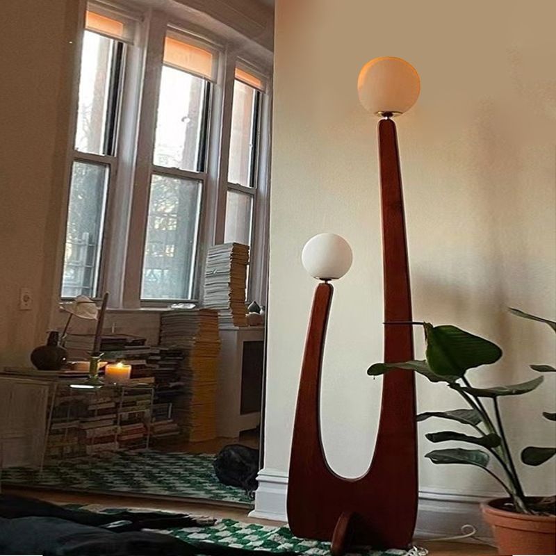 Elio Vintage Houten/Glazen Vloerlamp, 2 kops, Slaapk/Kinderk/Woonkamer