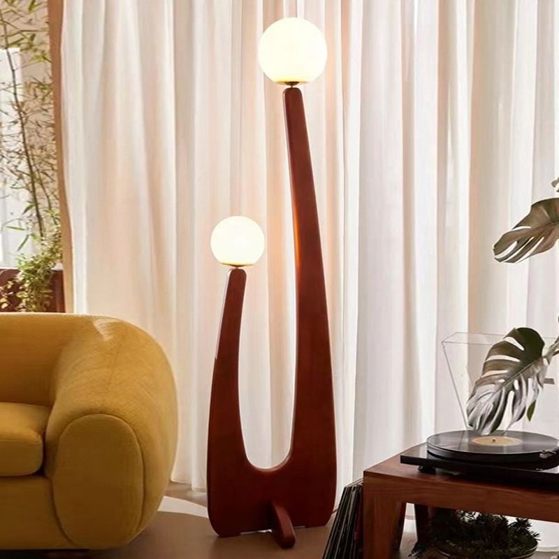 Elio Vintage Houten/Glazen Vloerlamp, 2 kops, Slaapk/Kinderk/Woonkamer