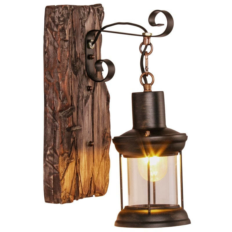 Valerio Retro Lantern LED Wandlampen Zwart Bronze Metaal Hout Slaapkamer