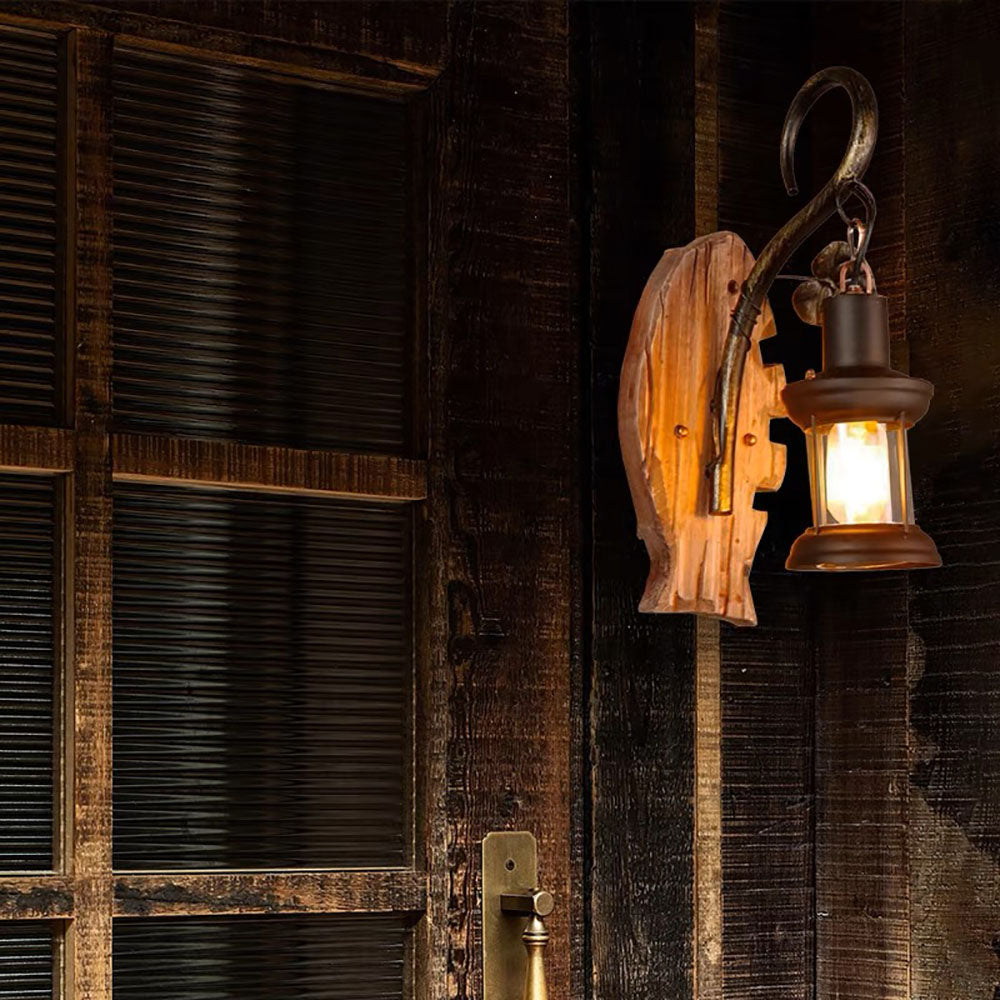 Brio Design Visvorm Vintage LED Wandlamp, Hout/Metaal, Woonk/Eetk/ Slaapkamer
