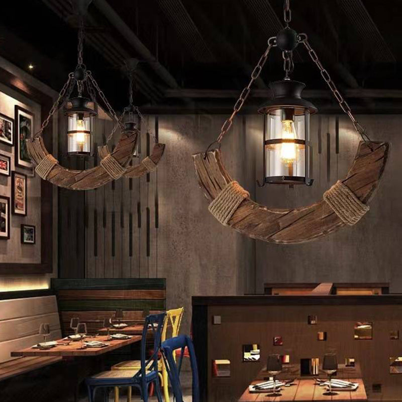 Brio Vintage Industriële Rechthoekige Houten Hanglamp, Hout/Zwart