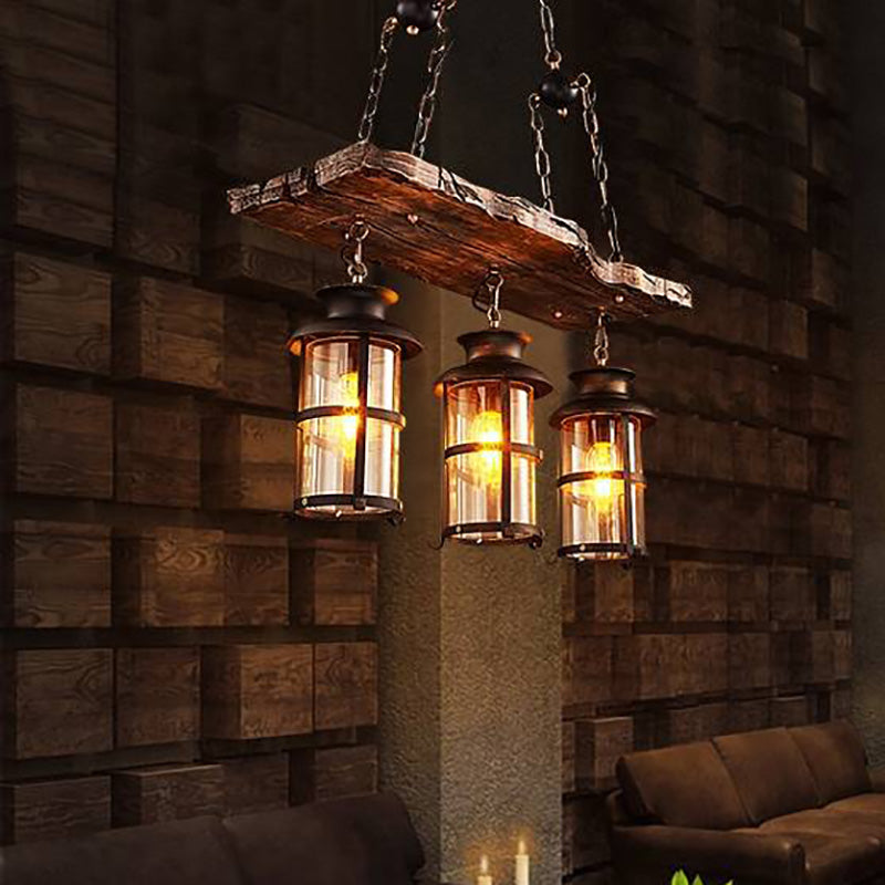Brio Retro Design Hanglamp 3 Lantaarns Lineair  Hout/Metaal, Kroonluchter, Woonk/Slaapkamer