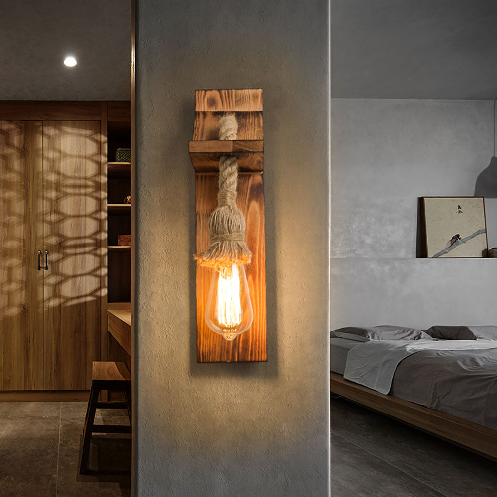 Brio Vintage Rechthoekige LED Wandlamp, Hout/Houtdraad, Woonk/Eetk/ Slaapkamer