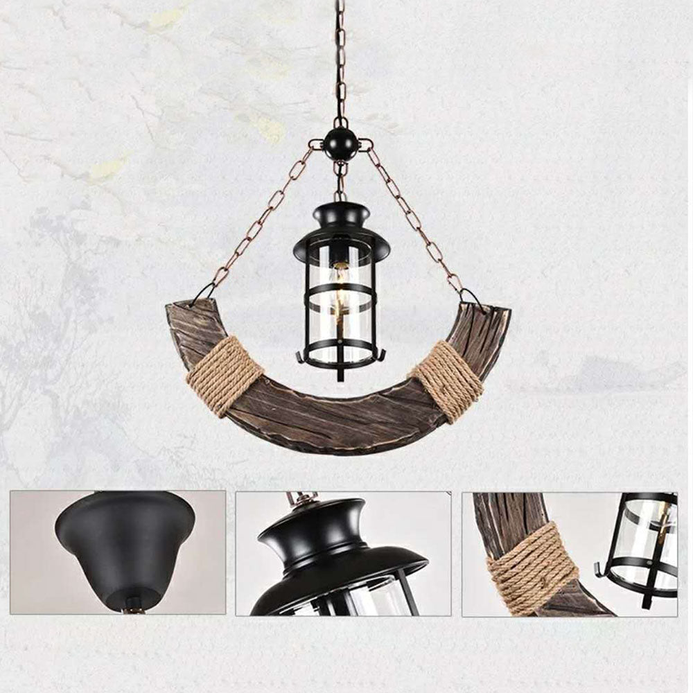 Brio Retro Rustic Arc Metal/Wood Lantern Glass Pendant Light