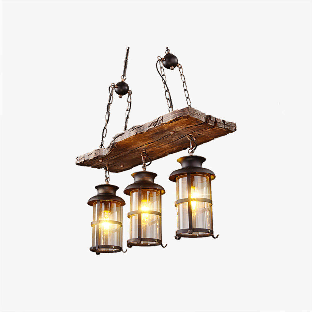Brio Retro Design Hanglamp 3 Lantaarns Lineair  Hout/Metaal, Kroonluchter, Woonk/Slaapkamer